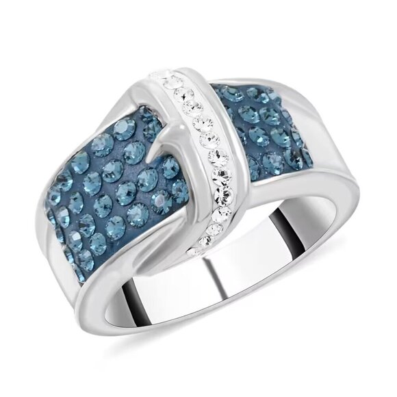 Jewelry - Stylish Blue and White Austrian Crystal Buckle Ring in Silvertone Size 7